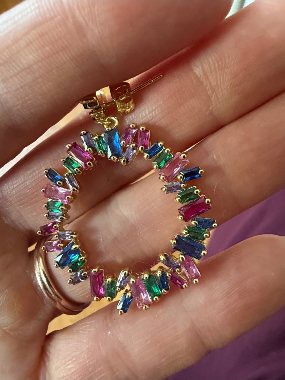 Gold-Tone Multi-Color Crystal Hoop Earrings - Vibrant Pink, Blue & Green
